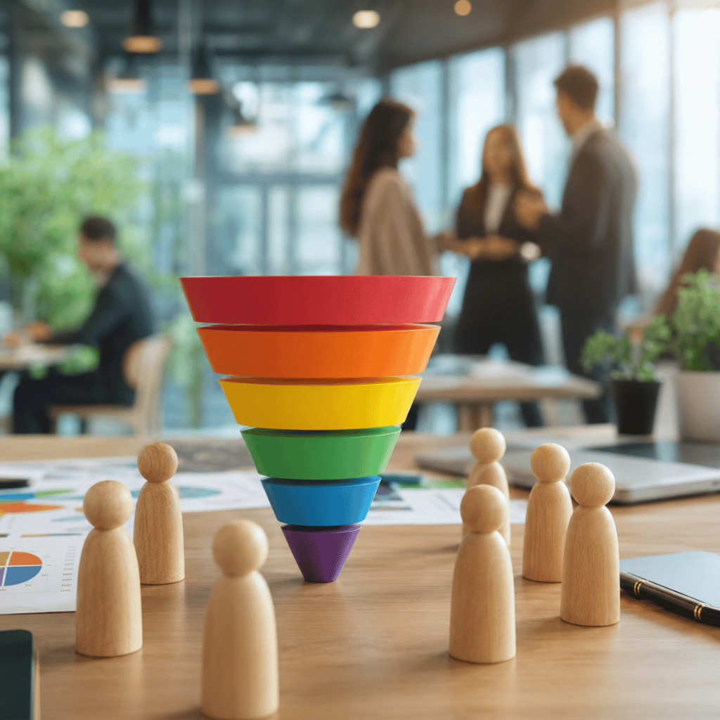 Realistic marketing funnel showing the customer journey from awareness to customer loyalty in a professional business setting