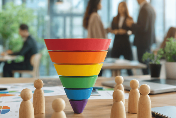 Realistic marketing funnel showing the customer journey from awareness to customer loyalty in a professional business setting