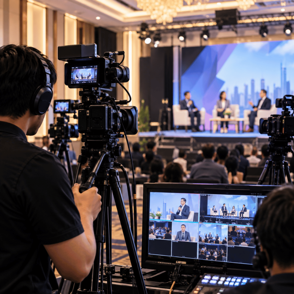 Professional multi-camera video production setup filming a corporate panel event with multiple cameras and production equipment.