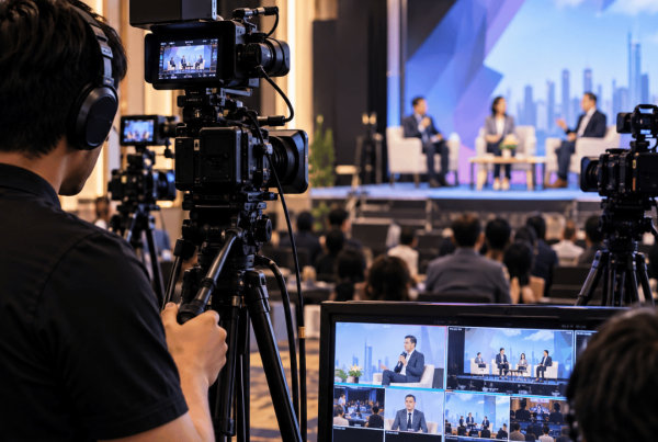 Professional multi-camera video production setup filming a corporate panel event with multiple cameras and production equipment.