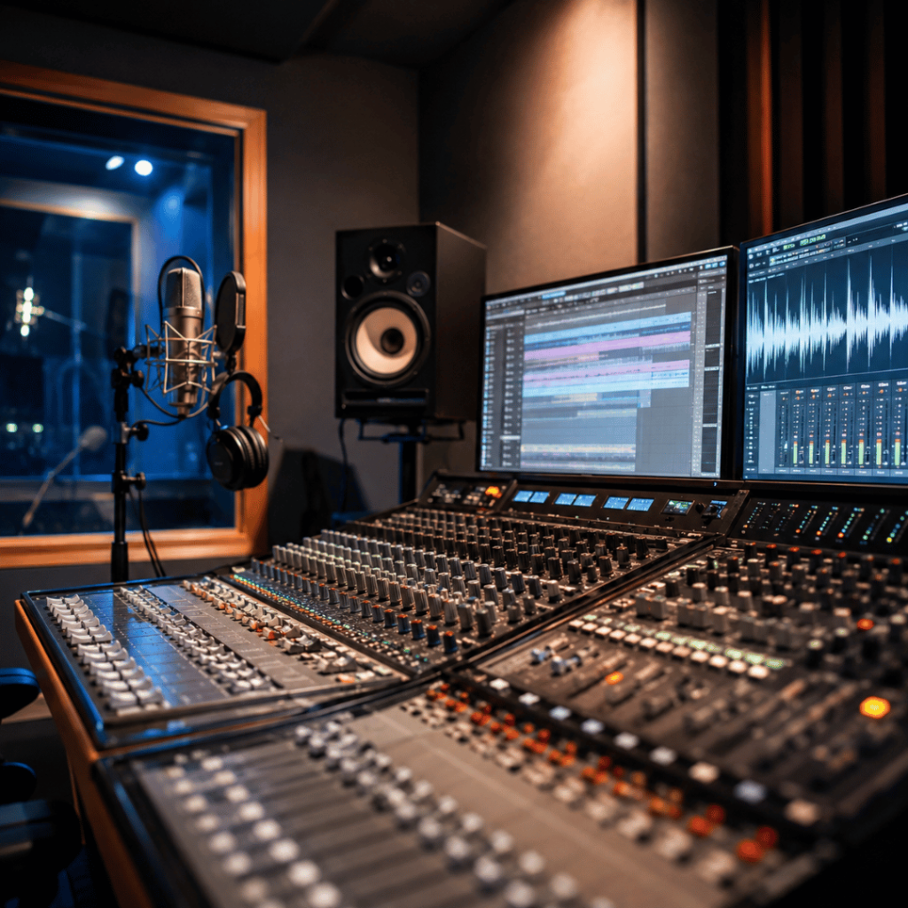 Professional music production studio with audio mixing console, recording microphone, studio monitors, and digital audio workstation