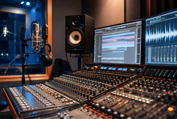 Professional music production studio with audio mixing console, recording microphone, studio monitors, and digital audio workstation