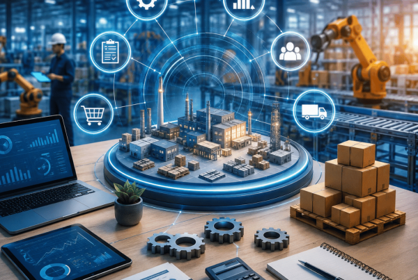 Production planning process showing smart manufacturing, inventory management, production scheduling and business growth
