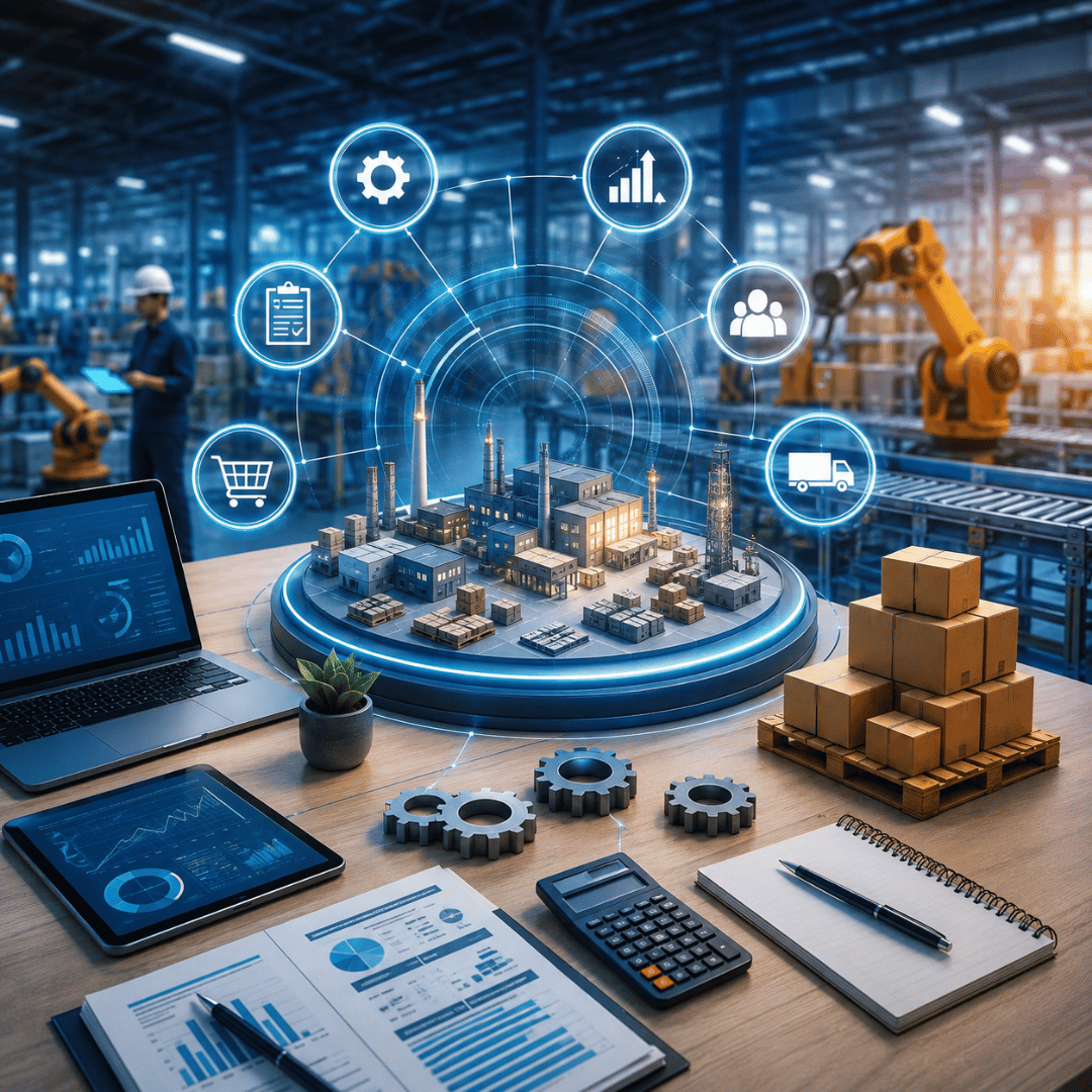 Production planning process showing smart manufacturing, inventory management, production scheduling and business growth