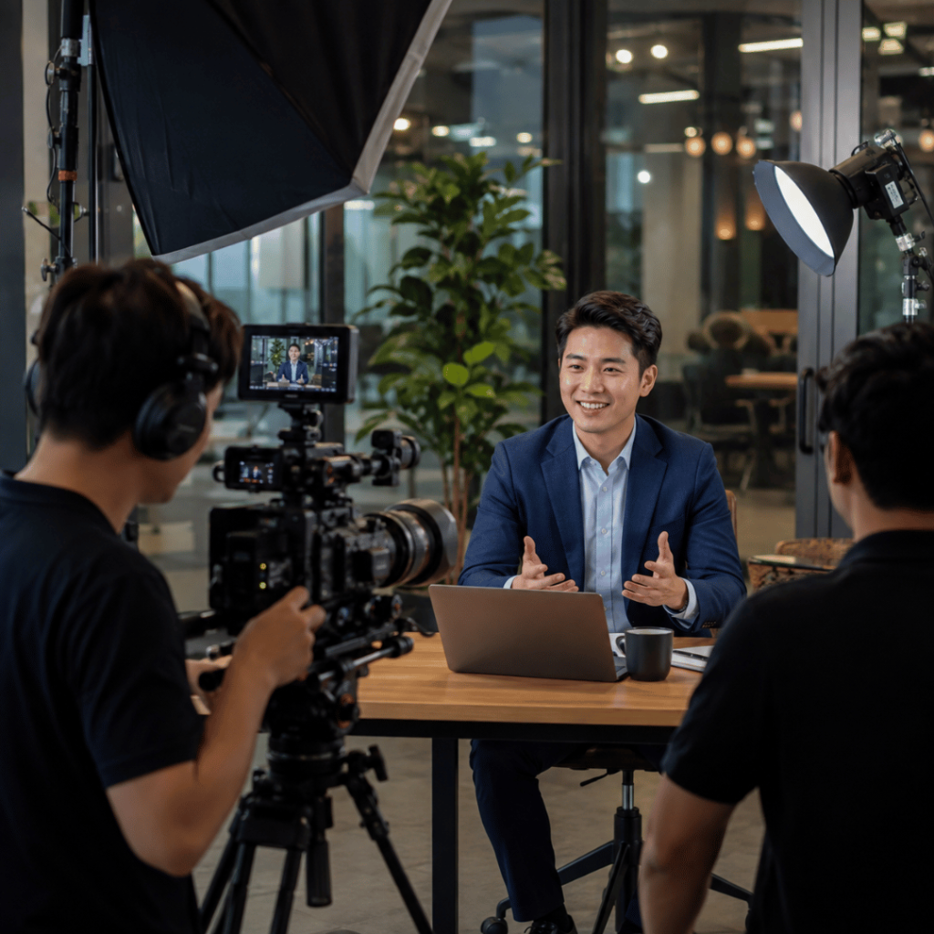 Professional video production setup showing a business presenter being filmed by a production team in a modern office studio.