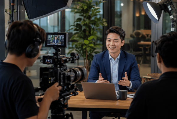 Professional video production setup showing a business presenter being filmed by a production team in a modern office studio.