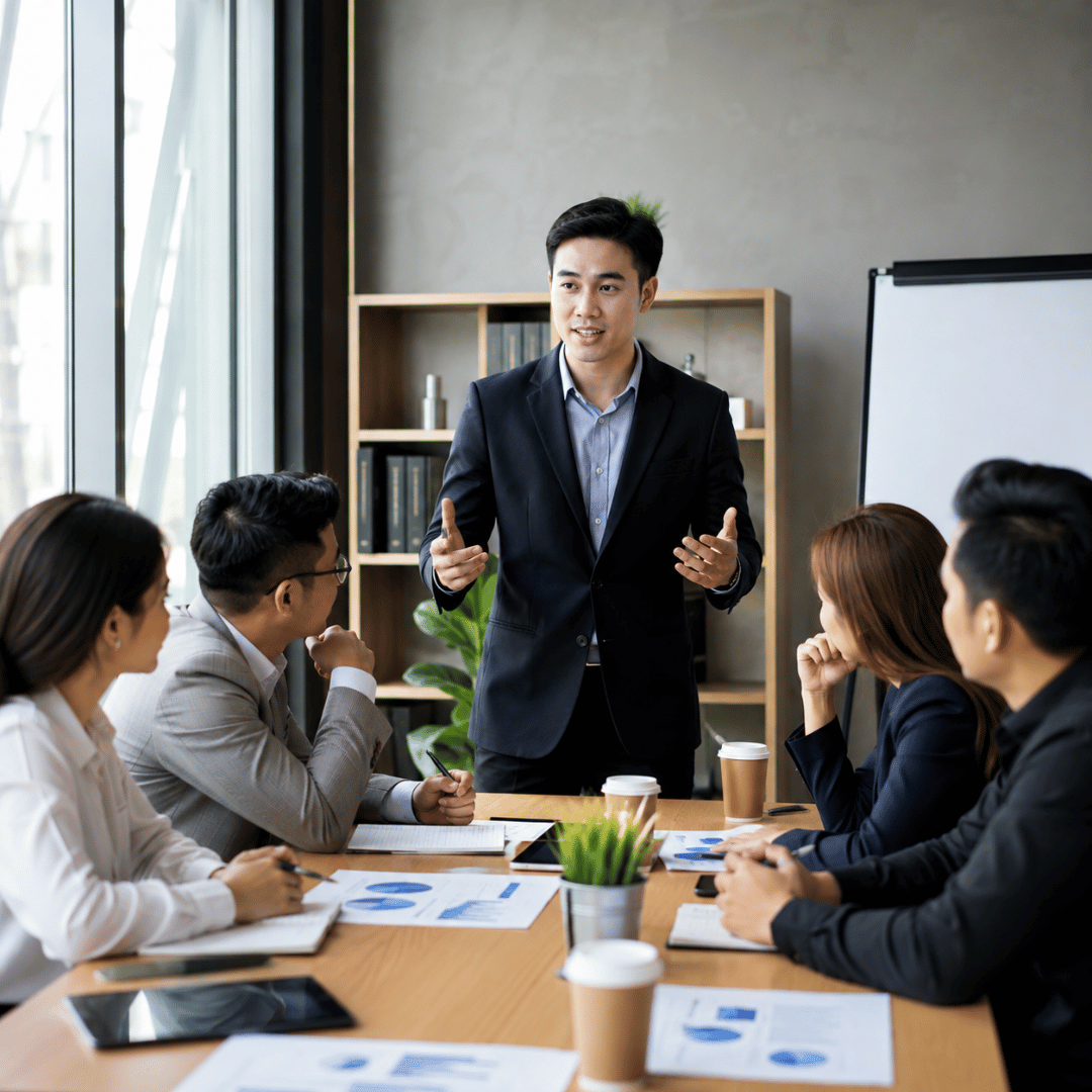 Sales leader conducting a corporate training session with a team to develop leadership skills, sales performance and high-performing teams
