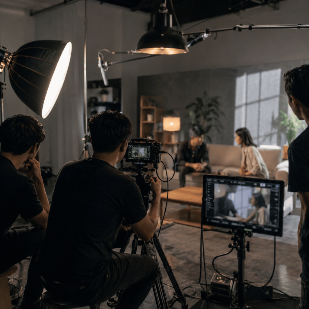 Professional short film production set with camera crew filming actors in a cinematic studio