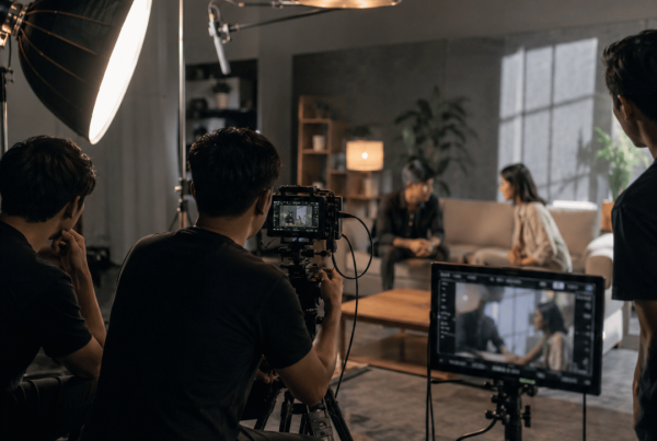 Professional short film production set with camera crew filming actors in a cinematic studio