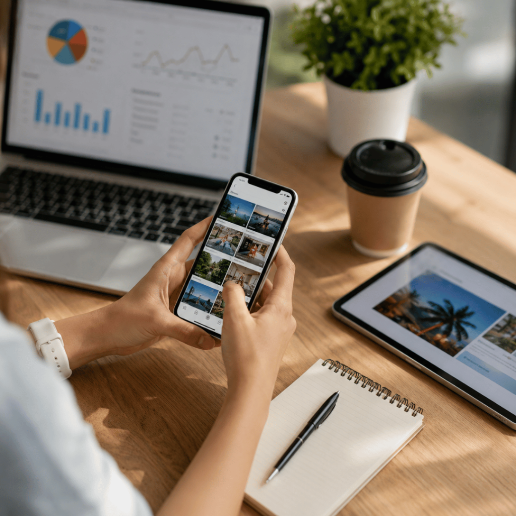 Social media marketing strategy with smartphone, content planning and digital advertising analytics