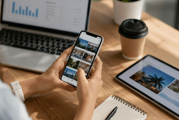 Social media marketing strategy with smartphone, content planning and digital advertising analytics