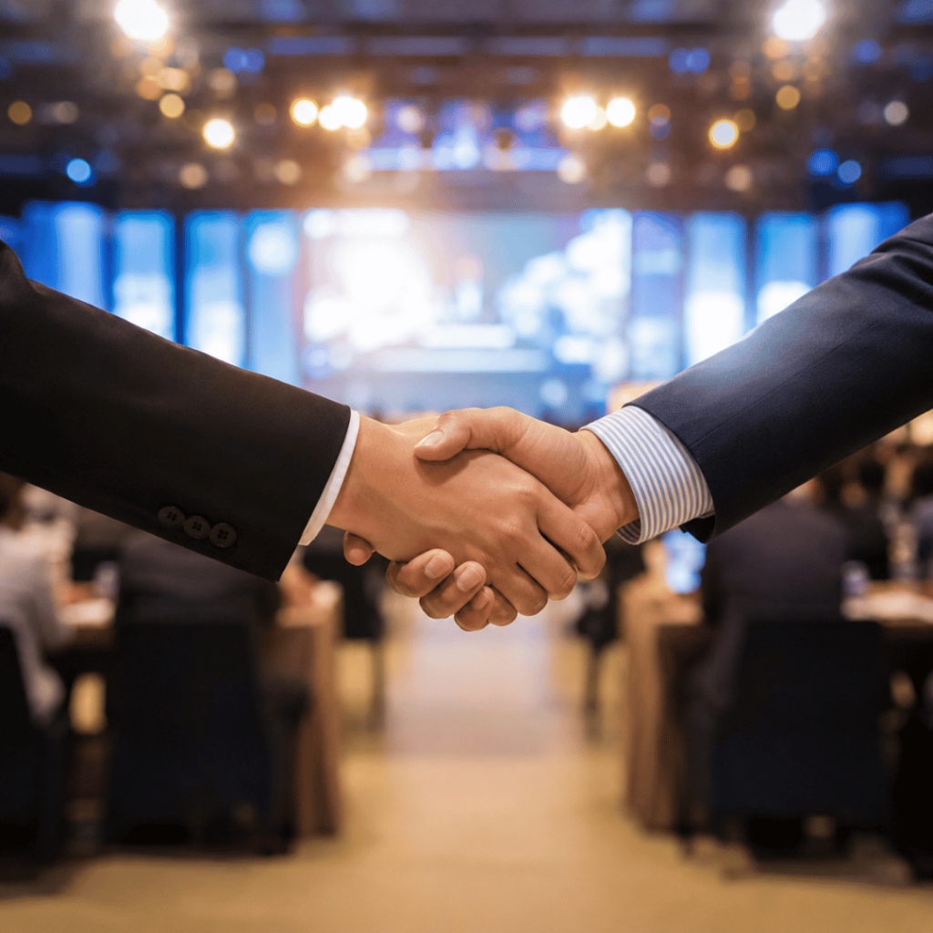 Realistic business sponsorship handshake at a corporate event, representing brand partnerships, credibility and customer trust.