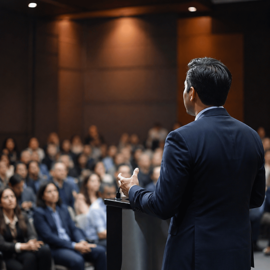 Professional speaker presenting sponsorship advertising strategy to a business audience