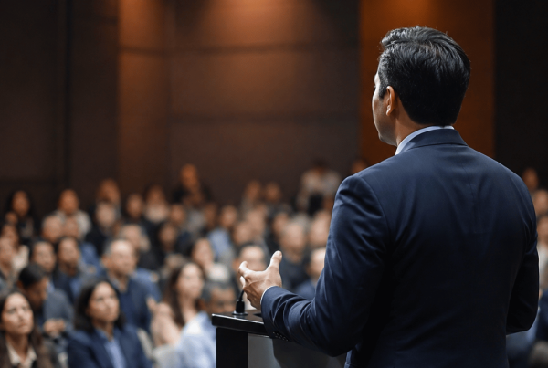 Professional speaker presenting sponsorship advertising strategy to a business audience