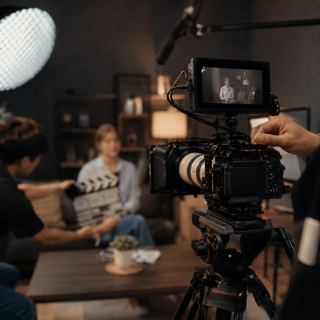 Professional video production setup with a camera filming an interview for a storytelling video.