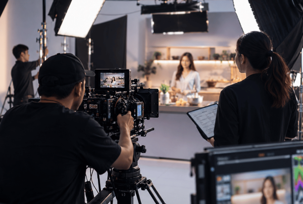 Professional TV commercial production process with camera crew filming a commercial in a studio