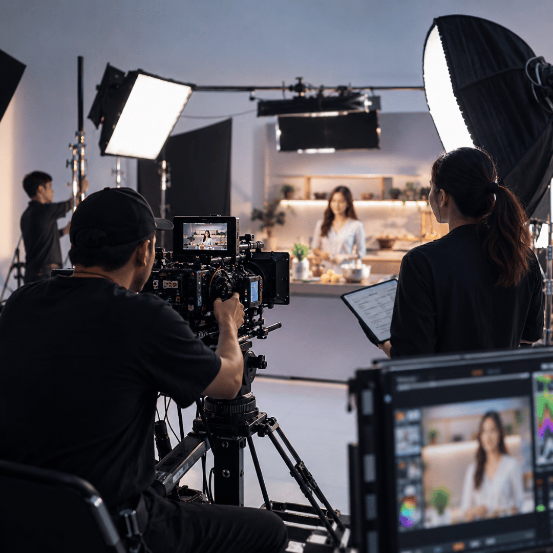 Professional TV commercial production process with camera crew filming a commercial in a studio