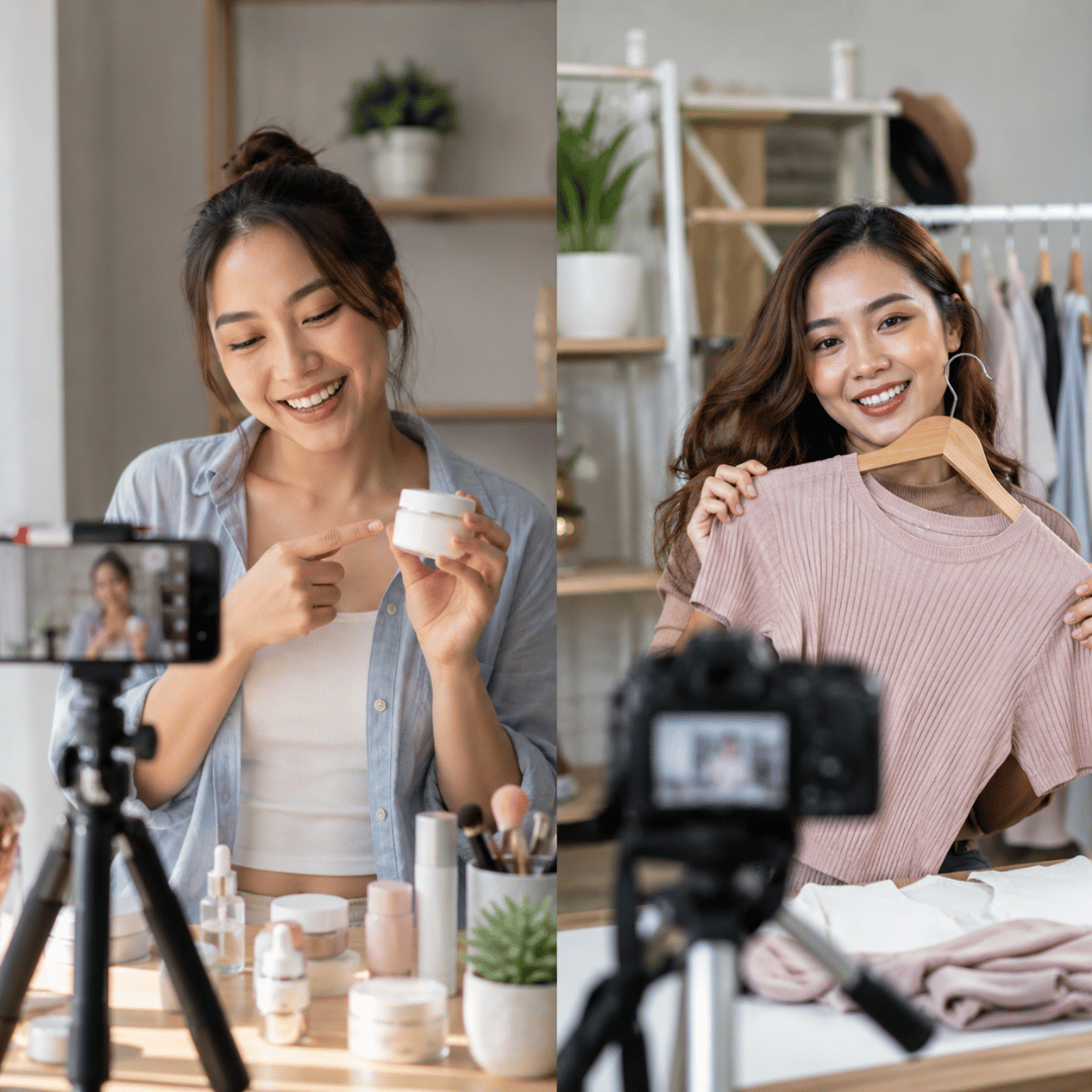 UGC vs influencer content showing two creators producing authentic beauty and fashion marketing content for brands