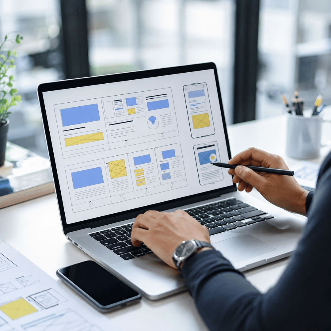 A professional website designer developing a responsive business website on a laptop with UX wireframes and mobile layouts.