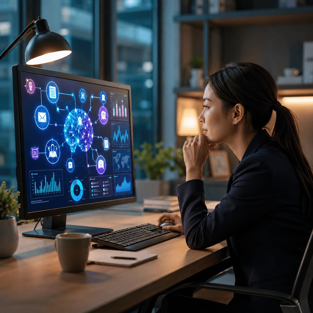 AI in digital marketing strategy showing a marketer analysing customer data, campaign performance and digital marketing insights on a computer screen
