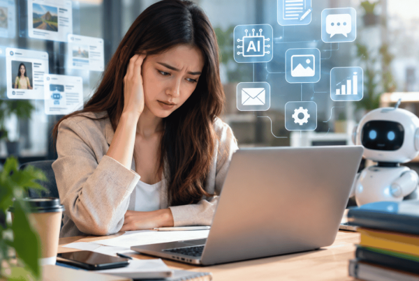 AI risks in business showing the impact of overusing AI automation on human creativity and workplace productivity.