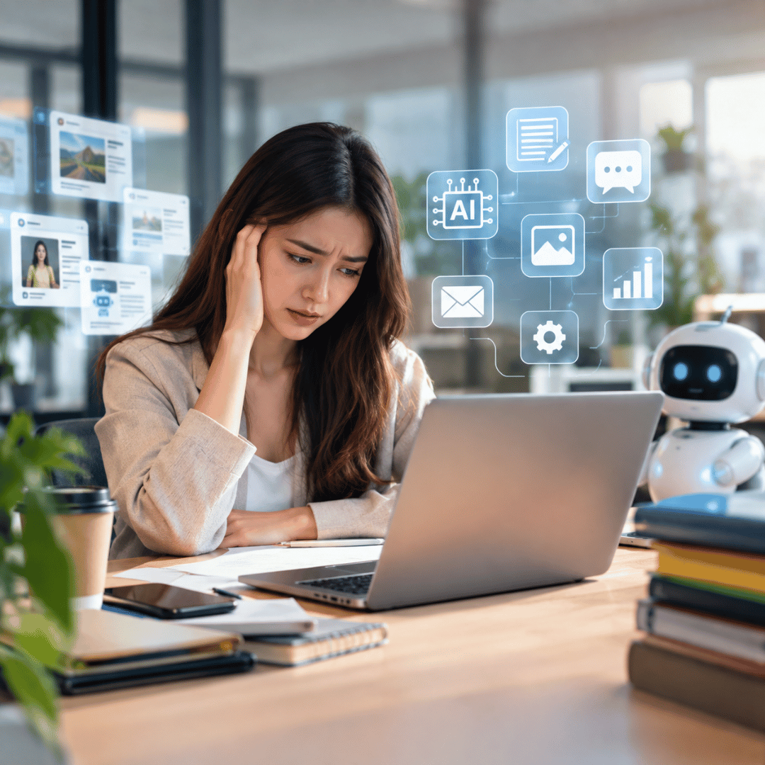 AI risks in business showing the impact of overusing AI automation on human creativity and workplace productivity.