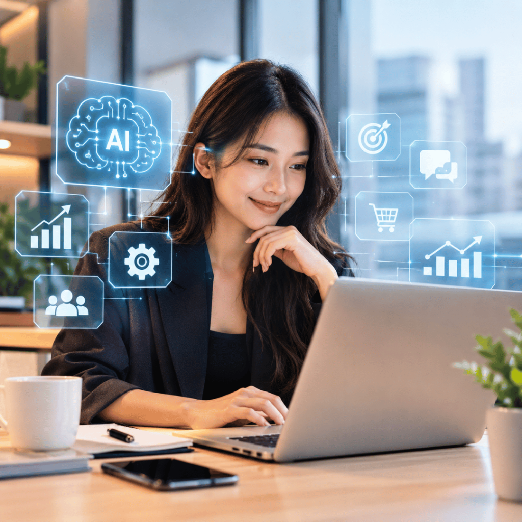 Benefits of AI in business showing a professional using AI technology to improve productivity, efficiency and business growth