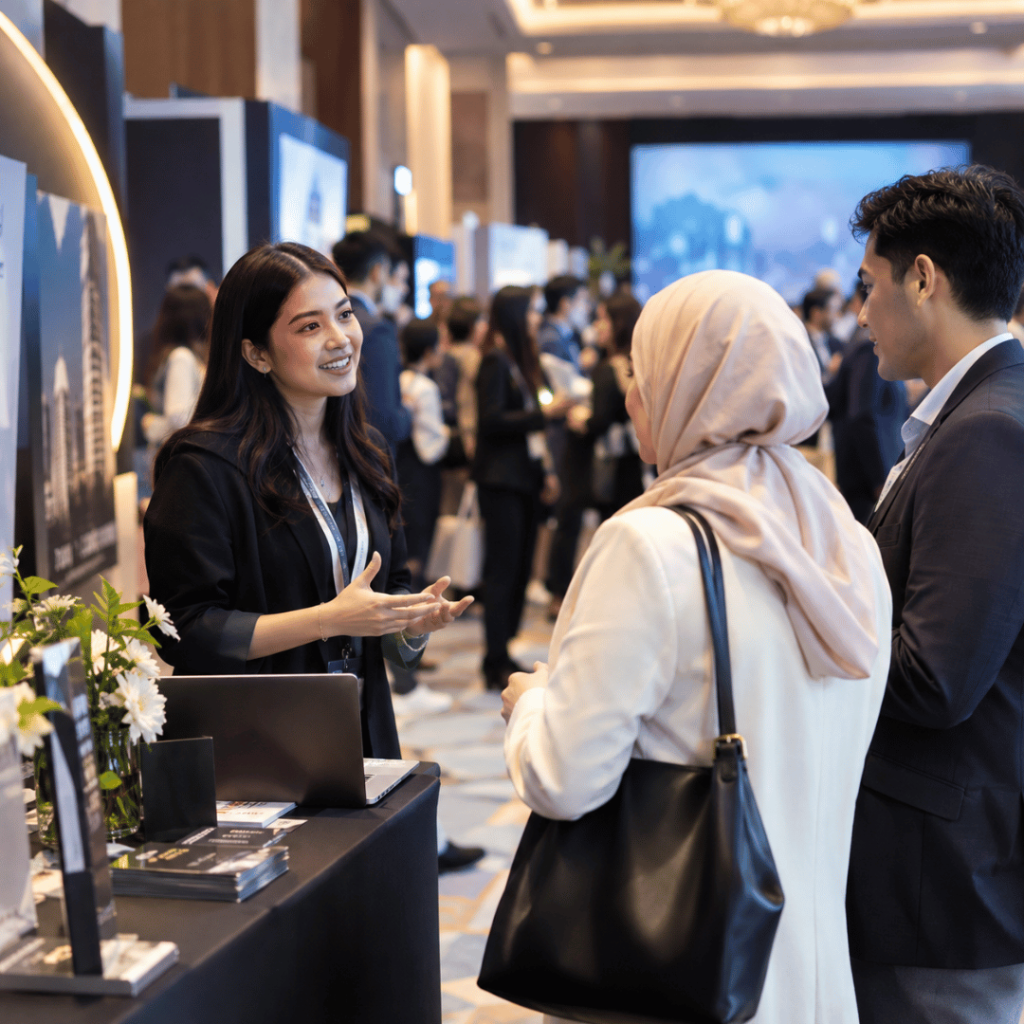Realistic corporate event networking scene showing business professionals engaging with attendees at a sponsored exhibition booth