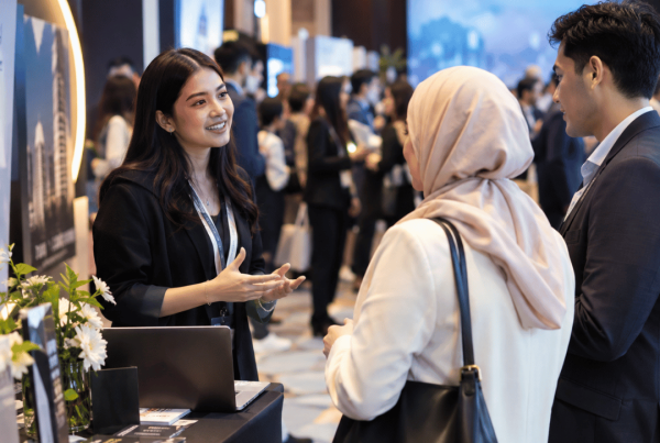 Realistic corporate event networking scene showing business professionals engaging with attendees at a sponsored exhibition booth