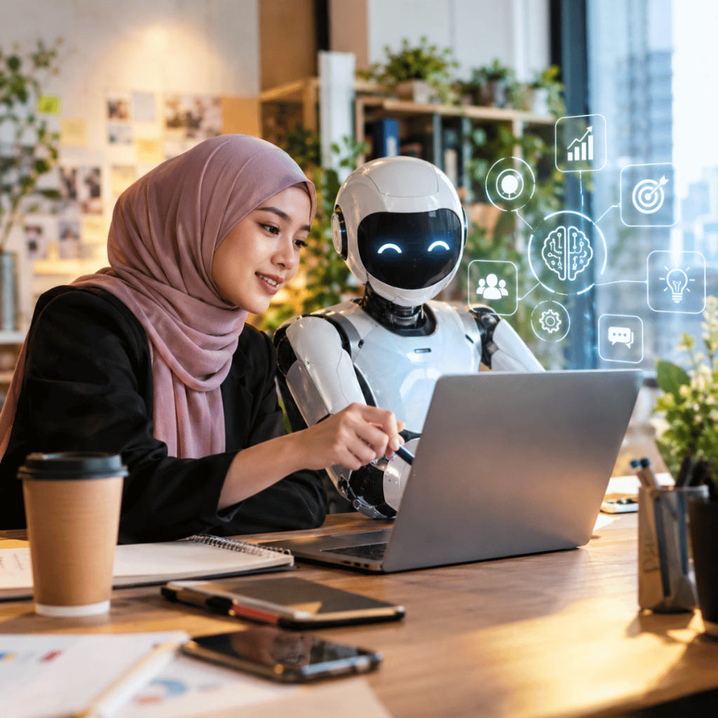 Human and AI collaboration in a modern business workspace