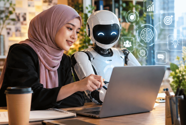 Human and AI collaboration in a modern business workspace