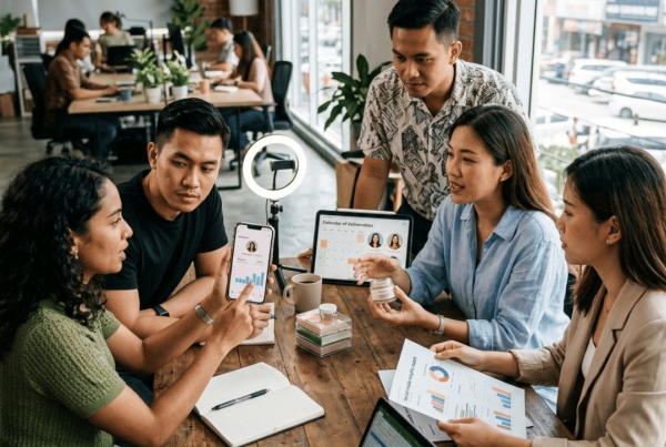 A diverse marketing team collaborating at a wooden table during an influencer marketing strategy session with charts and social media metrics.