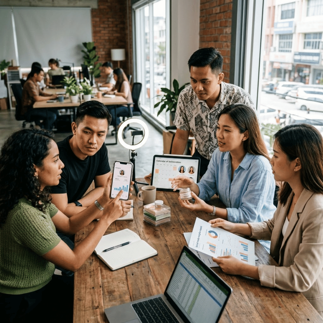 A diverse marketing team collaborating at a wooden table during an influencer marketing strategy session with charts and social media metrics.