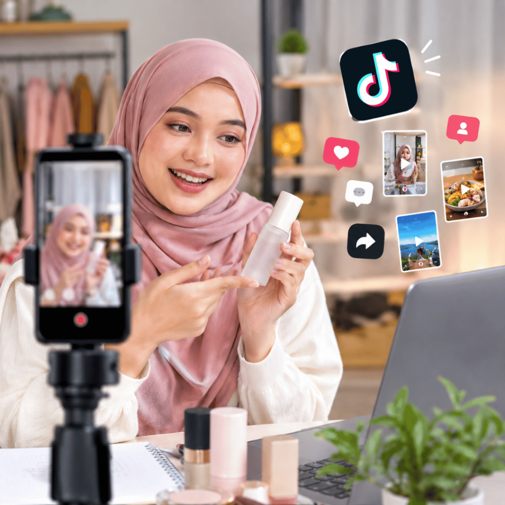 Realistic TikTok video marketing setup featuring a creator filming UGC content with a smartphone, supported by social media engagement visuals and digital content tools.
